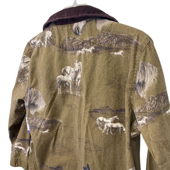 Bit & Bridle Womens L Chore Barn Jacket Brown Horse AOP Corduroy Trim Equestrian - Picture 14 of 16
